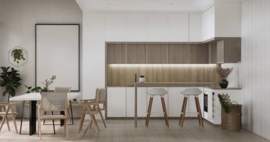 Mutfak odası yemek masası, gri duvar ahşap zemin. 3d oluşturma