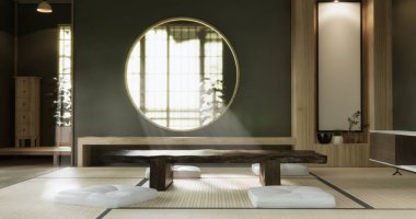 Yeşil duvar boş oda, modern Japon tatami paspas döşemesi, oda Japon geleneksel tarzı. 3B görüntüleme