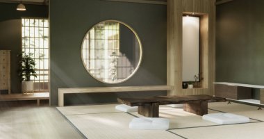 Yeşil duvar boş oda, modern Japon tatami paspas döşemesi, oda Japon geleneksel tarzı. 3B görüntüleme