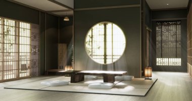 Yeşil duvar boş oda, modern Japon tatami paspas döşemesi, oda Japon geleneksel tarzı. 3B görüntüleme