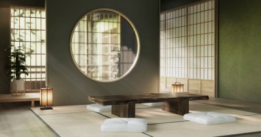 Yeşil duvar boş oda, modern Japon tatami paspas döşemesi, oda Japon geleneksel tarzı. 3B görüntüleme