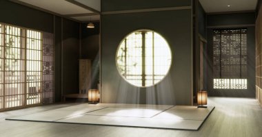 Yeşil duvar boş oda, modern Japon tatami paspas döşemesi, oda Japon geleneksel tarzı. 3B görüntüleme