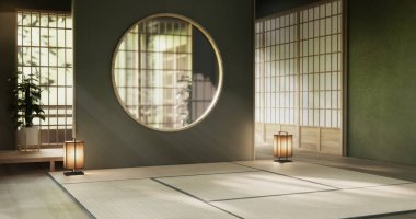 Yeşil duvar boş oda, modern Japon tatami paspas döşemesi, oda Japon geleneksel tarzı. 3B görüntüleme