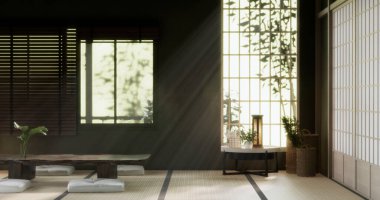 Yeşil duvar boş oda, modern Japon tatami paspas döşemesi, oda Japon geleneksel tarzı. 3B görüntüleme