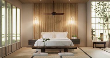 Yatak odası Japon tarzı, modern beyaz duvar ve ahşap zemin, oda minimalisti. 3B görüntüleme