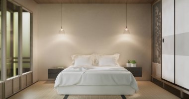 Yatak odası Japon tarzı, modern beyaz duvar ve ahşap zemin, oda minimalisti. 3B görüntüleme