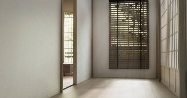 Boş oda, temiz Japon tarzı geleneksel ahşap dizayn minimalist oda iç dekorasyonu, 3D