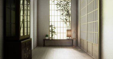Boş oda, temiz Japon tarzı geleneksel ahşap dizayn minimalist oda iç dekorasyonu, 3D