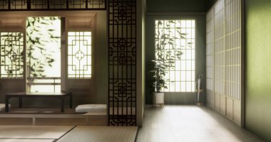 Yeşil duvar boş oda, modern Japon tatami paspas döşemesi, oda Japon geleneksel tarzı. 3B görüntüleme