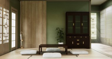 Yeşil duvar boş oda, modern Japon tatami paspas döşemesi, oda Japon geleneksel tarzı. 3B görüntüleme