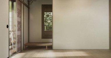 Boş oda, temiz Japon tarzı geleneksel ahşap dizayn minimalist oda iç dekorasyonu, 3D