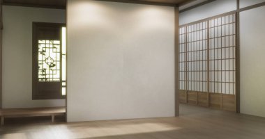 Boş oda, temiz Japon tarzı geleneksel ahşap dizayn minimalist oda iç dekorasyonu, 3D