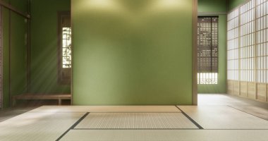 Yeşil duvar boş oda, modern Japon tatami paspas döşemesi, oda Japon geleneksel tarzı. 3B görüntüleme