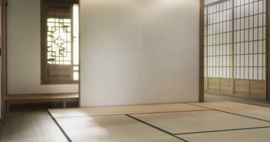 Boş, modern Japon tatami paspas döşemesi, oda Japon geleneksel tarzı. 3B görüntüleme