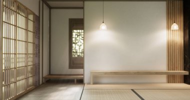 Boş, modern Japon tatami paspas döşemesi, oda Japon geleneksel tarzı. 3B görüntüleme