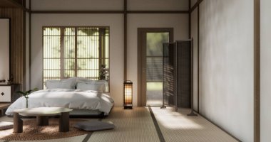 Yatak odası Japon tarzı, modern beyaz duvar ve ahşap zemin, oda minimalisti..