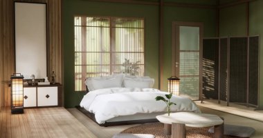 yeşil dizayn yatak odası Japon deisgn ile tatami paspas zemin.