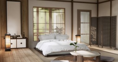 Yatak odası Japon tarzı, modern beyaz duvar ve ahşap zemin, oda minimalisti..