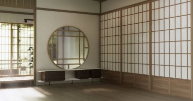 Temiz modern Japon tarzı geleneksel ahşap dizayn minimalist oda iç mimarisi, 3 boyutlu.
