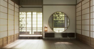 Temiz modern Japon tarzı geleneksel ahşap dizayn minimalist oda iç mimarisi, 3 boyutlu.