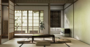 Japon tarzında düşük masa ve dekorasyon çok az. 3B görüntüleme