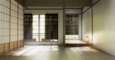 Temiz modern Japon tarzı geleneksel ahşap dizayn minimalist oda iç mimarisi, 3 boyutlu.