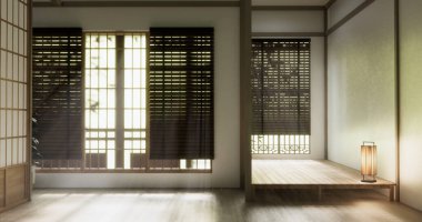 Temiz modern Japon tarzı geleneksel ahşap dizayn minimalist oda iç mimarisi, 3 boyutlu.