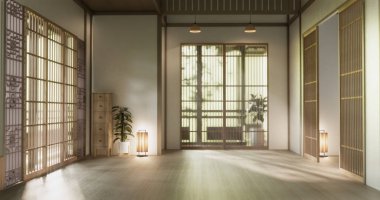 Temiz modern Japon tarzı geleneksel ahşap dizayn minimalist oda iç mimarisi, 3 boyutlu.