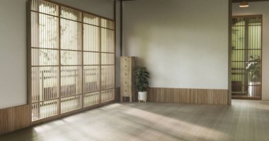 Temiz modern Japon tarzı geleneksel ahşap dizayn minimalist oda iç mimarisi, 3 boyutlu.