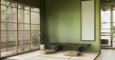 Japon tarzında düşük masa ve dekorasyon çok az. 3B görüntüleme