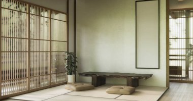Japon tarzında düşük masa ve dekorasyon çok az. 3B görüntüleme