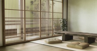 Japon tarzında düşük masa ve dekorasyon çok az. 3B görüntüleme