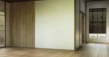 Temiz modern Japon tarzı geleneksel ahşap dizayn minimalist oda iç mimarisi, 3 boyutlu.