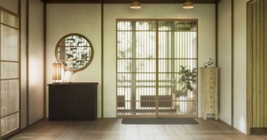Temiz modern Japon tarzı geleneksel ahşap dizayn minimalist oda iç mimarisi, 3 boyutlu.