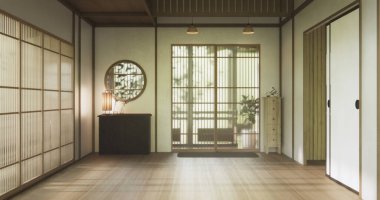 Temiz modern Japon tarzı geleneksel ahşap dizayn minimalist oda iç mimarisi, 3 boyutlu.