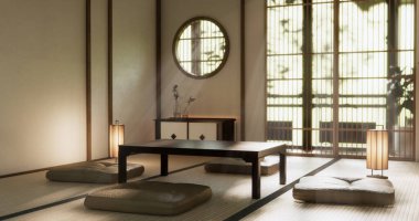 Japon tarzında düşük masa ve dekorasyon çok az. 3B görüntüleme