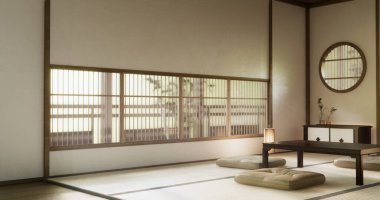 Japon tarzında düşük masa ve dekorasyon çok az. 3B görüntüleme