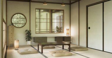 Japon tarzında düşük masa ve dekorasyon çok az. 3B görüntüleme