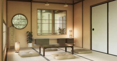 Japon tarzında düşük masa ve dekorasyon çok az. 3B görüntüleme