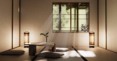 Japon tarzında düşük masa ve dekorasyon çok az. 3B görüntüleme