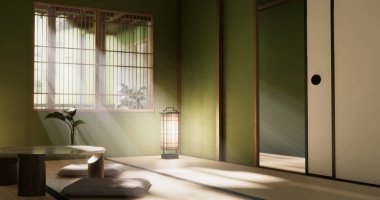 Japon tarzında düşük masa ve dekorasyon çok az. 3B görüntüleme