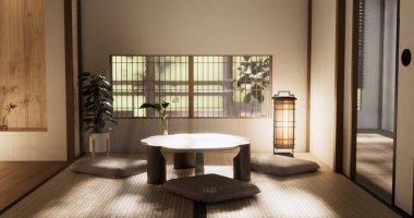 Japon tarzında düşük masa ve dekorasyon çok az. 3B görüntüleme