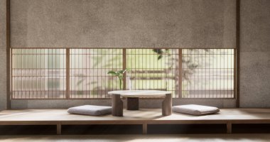 Japon tarzında düşük masa ve dekorasyon çok az. 3B görüntüleme
