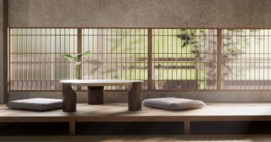 Japon tarzında düşük masa ve dekorasyon çok az. 3B görüntüleme