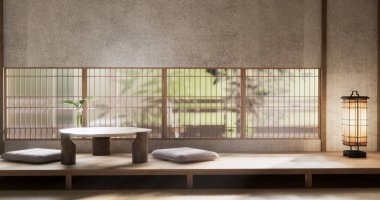 Japon tarzında düşük masa ve dekorasyon çok az. 3B görüntüleme