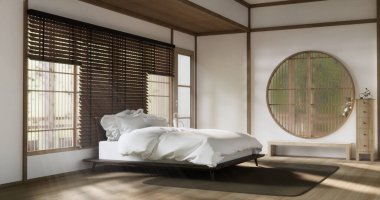 Yatak odası Japon tarzı, modern beyaz duvar ve ahşap zemin, oda minimalisti. 3B görüntüleme