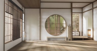 Boş oda, temiz Japon tarzı geleneksel ahşap dizayn minimalist oda iç dekorasyonu, 3D