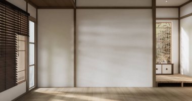 Boş oda, temiz Japon tarzı geleneksel ahşap dizayn minimalist oda iç dekorasyonu, 3D