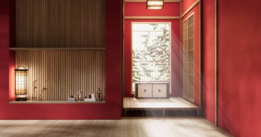 Boş oda üzerinde kırmızı koyu renk duvar Japon geleneksel tarzı iç mekan 3D