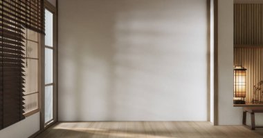 Boş oda, temiz Japon tarzı geleneksel ahşap dizayn minimalist oda iç dekorasyonu, 3D